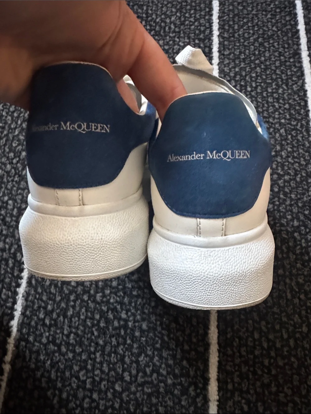 Alexander McQueen White Leather Platform Sneakers with Navy Heel Tab